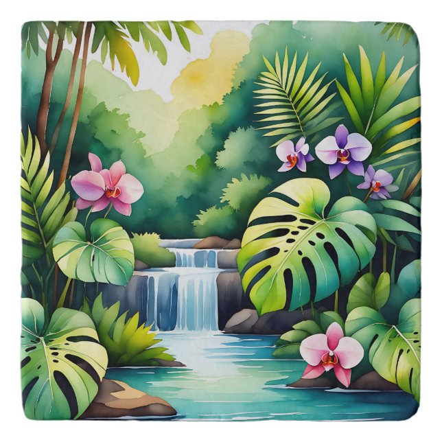 Tropical Jungle Waterfall Orchid Paradise  Trivet (Front)