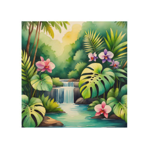 Tropical Jungle Waterfall Orchid Paradise Wood Wall Art