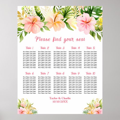 Tropical Jungle Wedding 10 Tables Seating Chart
