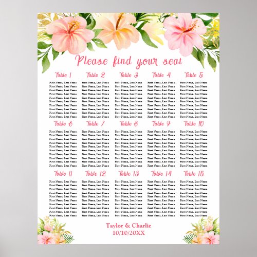 Tropical Jungle Wedding 15 Tables Seating Chart