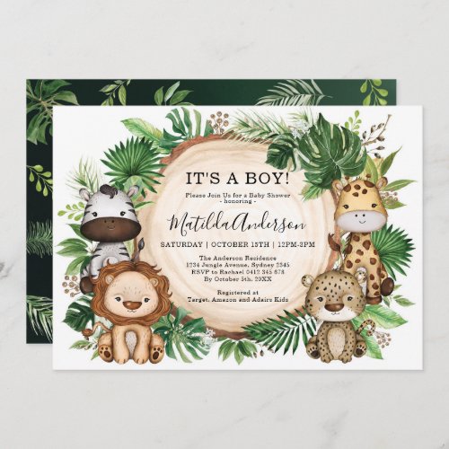 Tropical Jungle Wild Safari Animal Boy Baby Shower Invitation