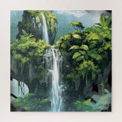 Tropical Jungle with Flowing Waterfall Jigsaw Puzzle
