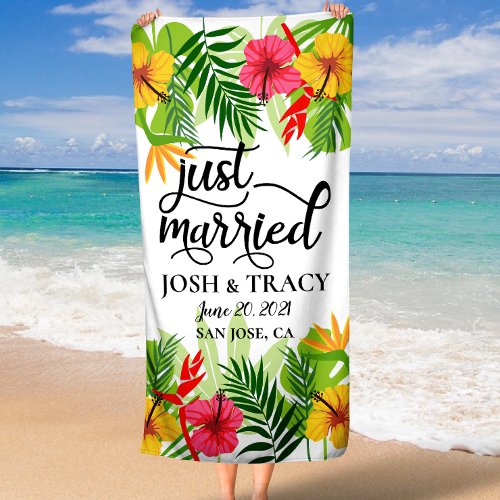 Tropical Just Married Honeymoon Wedding  Bath Towel