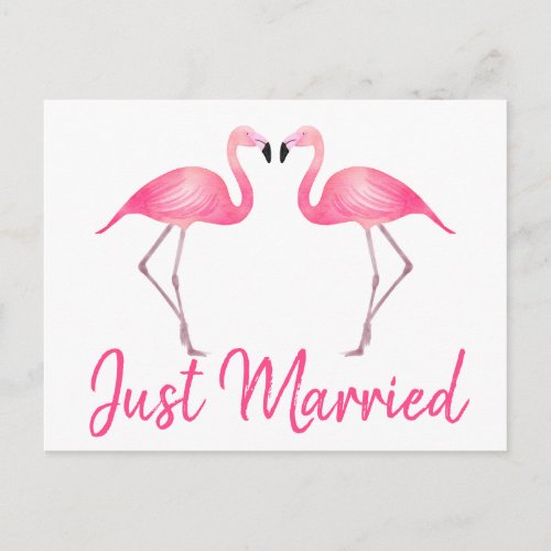 Tropical Just Married Pink Flamingo Beach Wedding Announcement Postcard