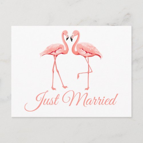 Tropical Just Married Pink Flamingo Beach Wedding Announcement Postcard