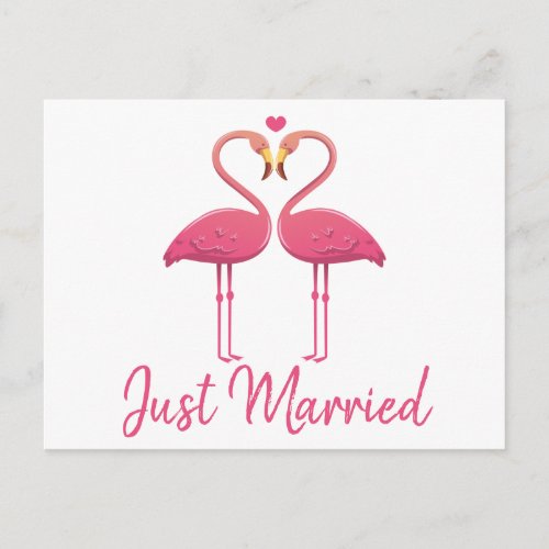 Tropical Just Married Pink Flamingo Wedding Announcement Postcard