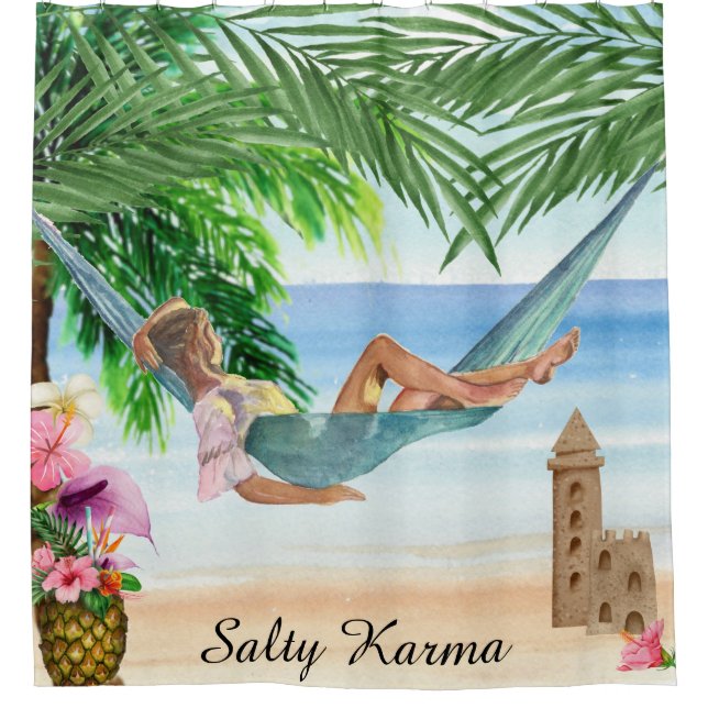 *~* Tropical Karma Beach Woman Hammock AR29 Shower Curtain (Front)
