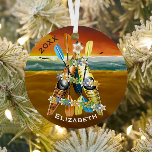 Tropical Kayak Christmas Tree Metal Ornament (Insitu)