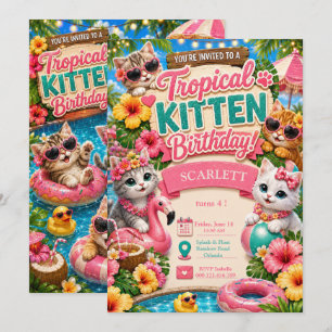 Tropical Kitten Birthday - Pool Party Invitation