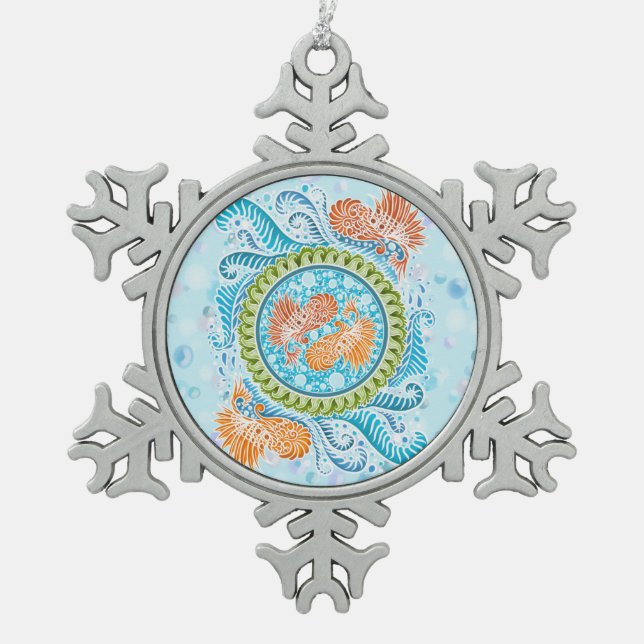 Tropical Koi Mandala | Vibrant Ocean Zen Art Snowflake Pewter Christmas Ornament (Front)