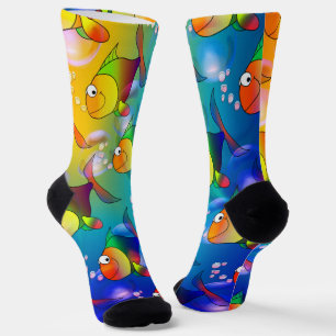 Tropical lake full of colorful cartoon cute fish 1 socks