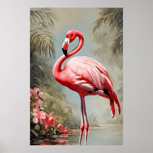 Tropical Lake Side Pink Flamingo Vintage Poster