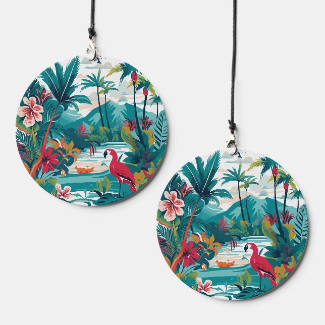 Tropical Landscape Palms, Mountains, Wildlife Wind Chime (Front & Back)