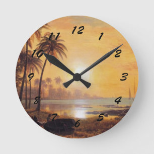 Tropical Landscape with Fishing Boats in Bay Round Clock