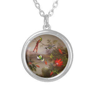 Tropical Landscape with Ten Hummingbirds Heade Silver Plated Necklace