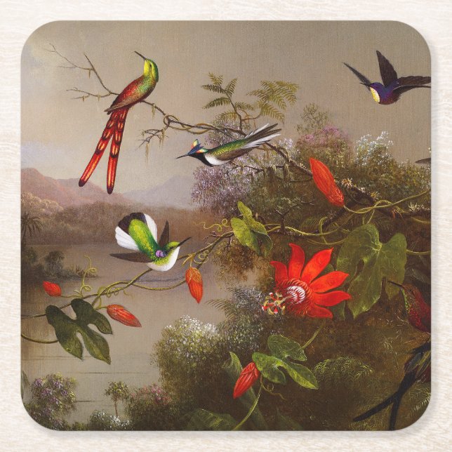 Tropical Landscape with Ten Hummingbirds Heade Square Paper Coaster (Front)