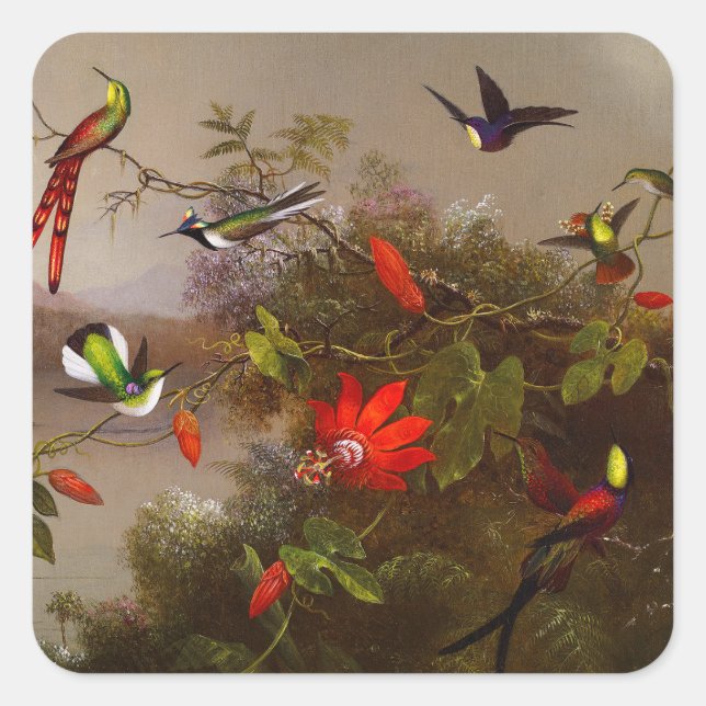 Tropical Landscape with Ten Hummingbirds Heade Square Sticker (Front)