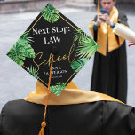 Tropical Law School Graduation Cap Topper<br><div class="desc">Summer graduation cap topper featuring trendy black background,  the saying 'next stop law school',  tropical watercolor palm leaves,  their name,  and class year.</div>