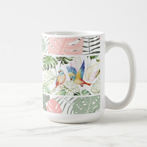 Tropical Leaf and Bird Pattern Coffee Mug