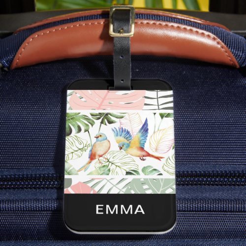 Tropical Leaf and Bird Pattern Personalized Luggage Tag