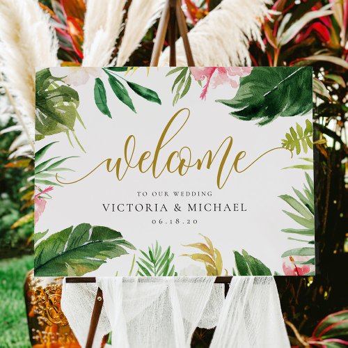 Tropical Leaf and Floral Wedding Welcome Sign