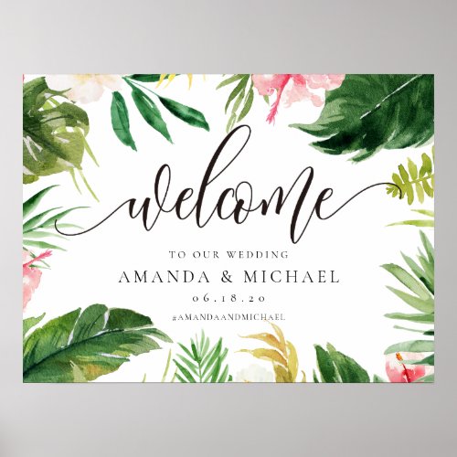 Tropical Leaf and Floral Welcome Wedding Sign