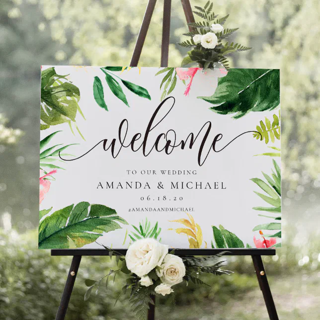 Tropical Leaf and Floral Welcome Wedding Sign | Zazzle