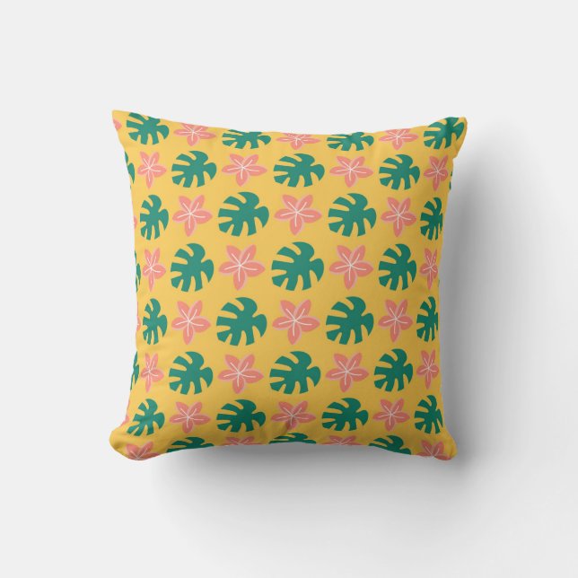 Tropical Leaf and Flower Pattern Throw Pillow (Front)