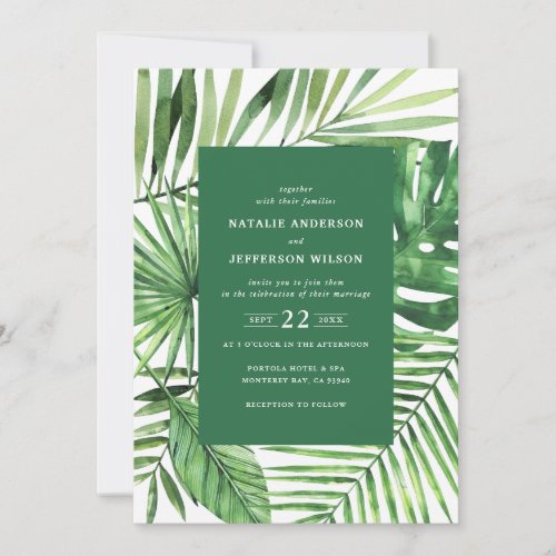 Tropical leaf and script watercolor wedding invite