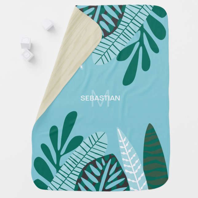 Tropical Leaf Aqua Baby Blanket (In Situ)