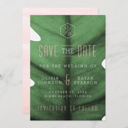 Tropical Leaf Art Deco Inspired Save the Date Invitation