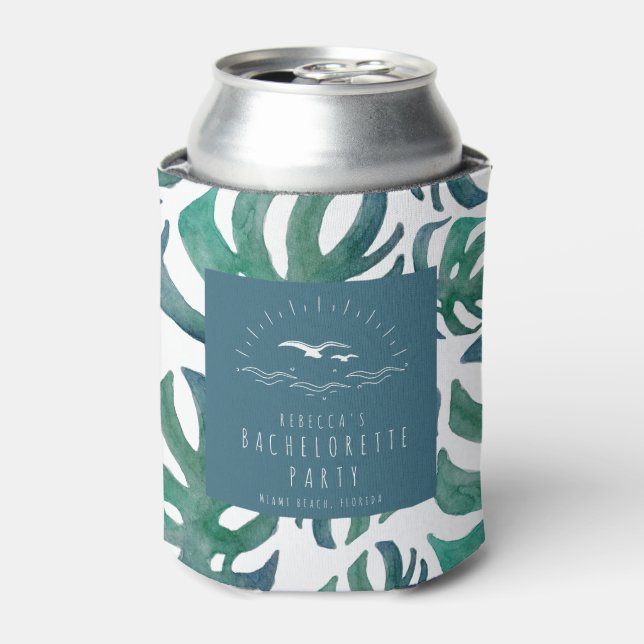 Tropical Leaf Beach Bachelorette Party Can Cooler (Can Front)