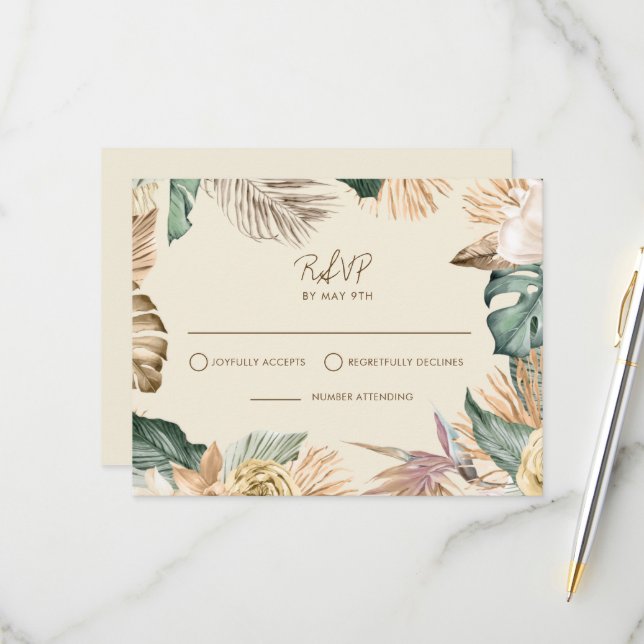 Tropical Leaf Beach RSVP Card (Front/Back In Situ)