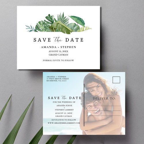Tropical Leaf Beach Wedding Budget Save the Date Announcement Postcard