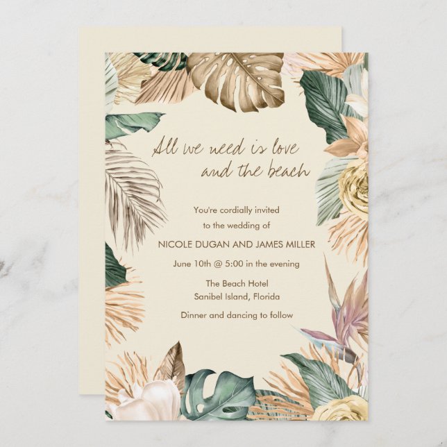 Tropical Leaf Beach Wedding Invitation (Front/Back)