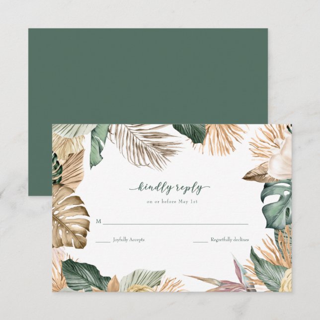 Tropical Leaf Beach Wedding RSVP Card (Front/Back)