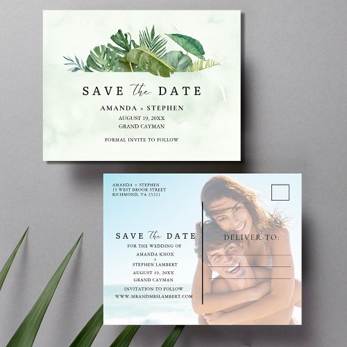 Tropical Leaf Beach Wedding Save the Date Announcement Postcard