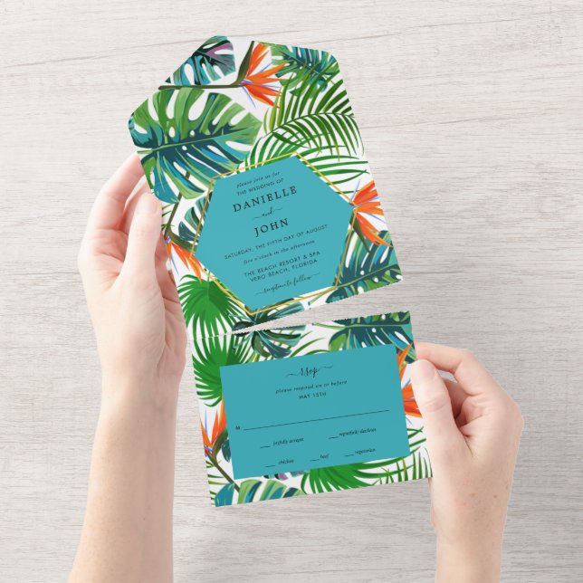 Tropical Leaf Bird of Paradise Beach Wedding RSVP  All In One Invitation (Tearaway)