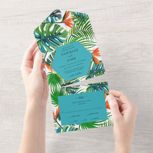 Tropical Leaf Bird of Paradise Beach Wedding RSVP  All In One Invitation