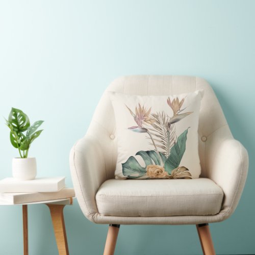 Tropical Leaf Bird of Paradise Floral Beige Throw Pillow