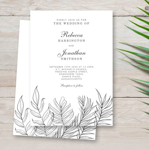 Tropical Leaf Black White Wedding Invitation