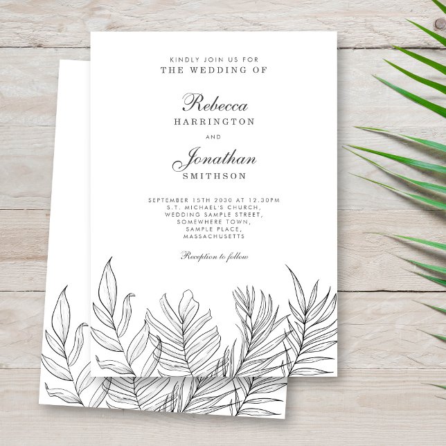 Tropical Leaf Black White Wedding Invitation (Creator Uploaded)