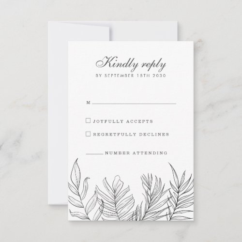 Tropical Leaf Black White Wedding RSVP Card