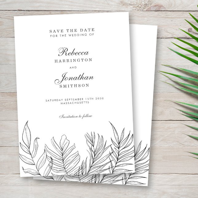 Tropical Leaf Black White Wedding Save The Date Invitation (Creator Uploaded)