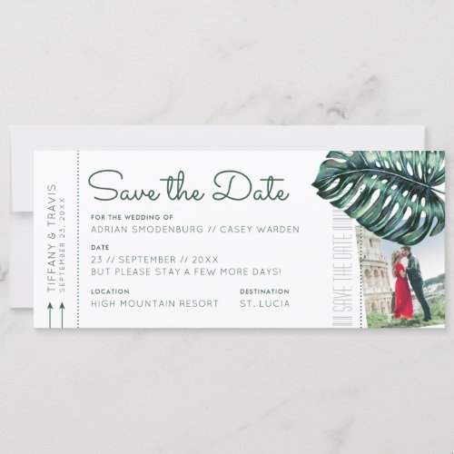 Tropical Leaf Boarding Pass Photo Save the Date Announcement