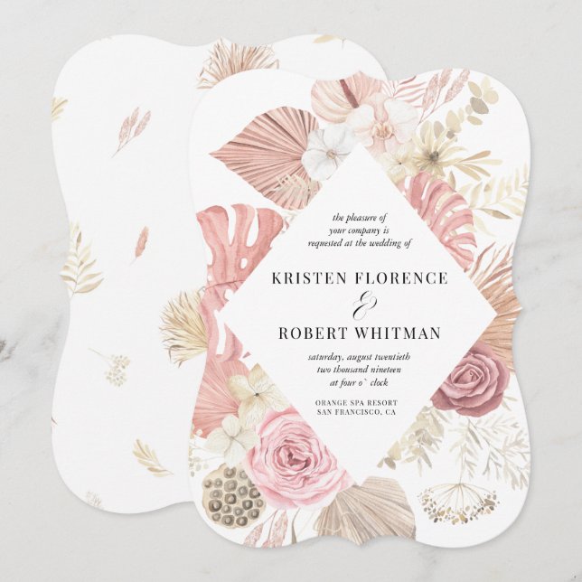 tropical leaf bohemian blush Wedding Invitation (Front/Back)