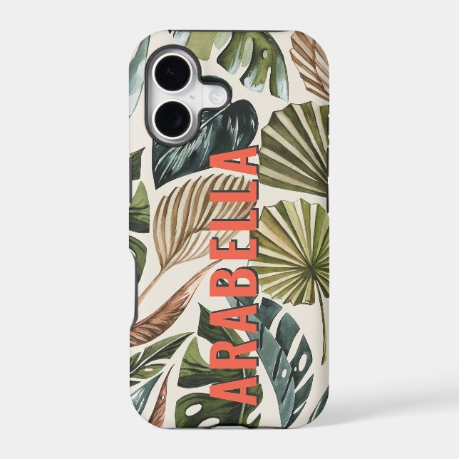 Tropical leaf botanical personalized name iphone case (Back)