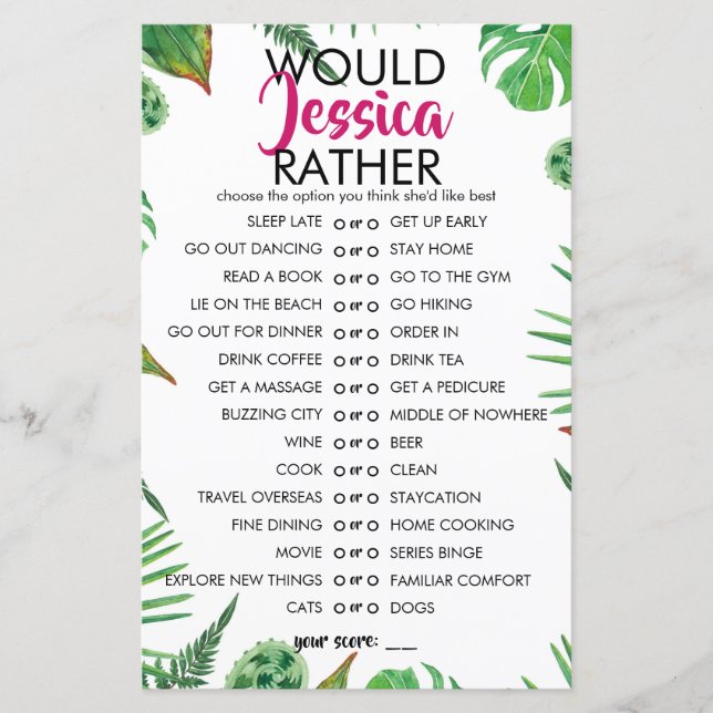 Tropical Leaf Customisable Would She Rather Game (Front)