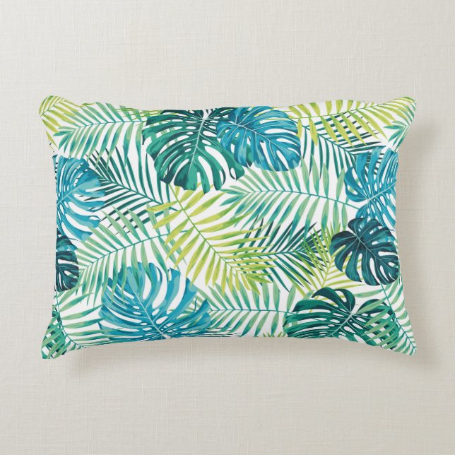 Tropical leaf design featuring green/blue palm and accent pillow (Front)