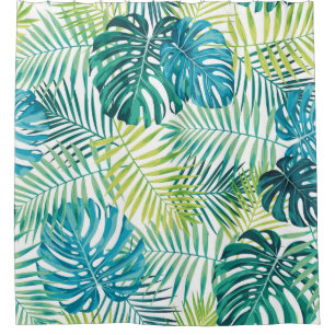 Tropical leaf design featuring green/blue palm and shower curtain